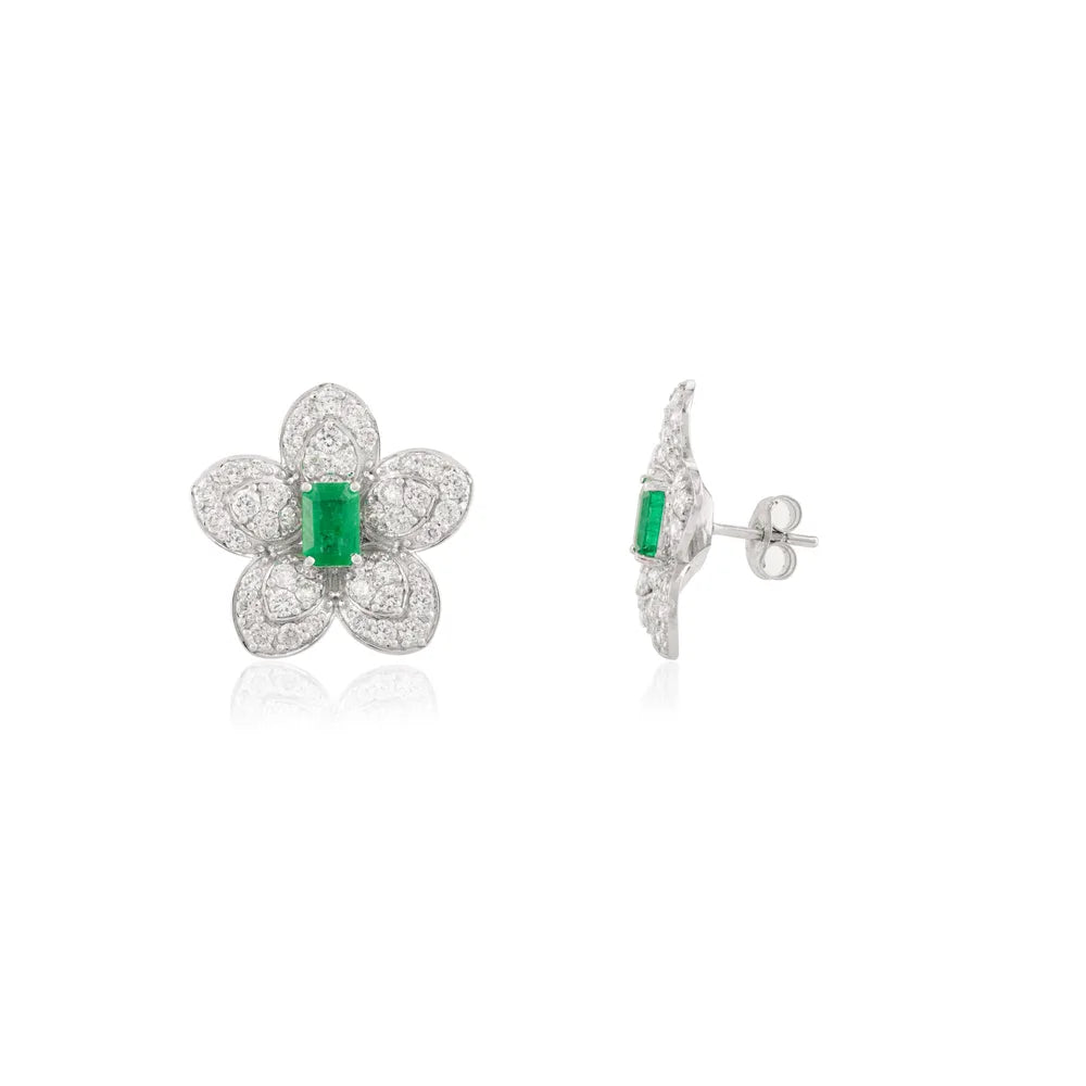 New Arrivals Octagon Emerald & Diamond 14K White Gold Flower Stud Earrings