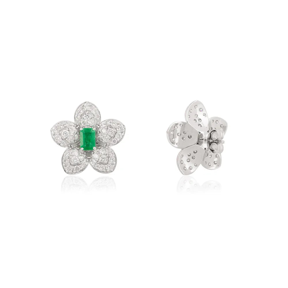 New Arrivals Octagon Emerald & Diamond 14K White Gold Flower Stud Earrings