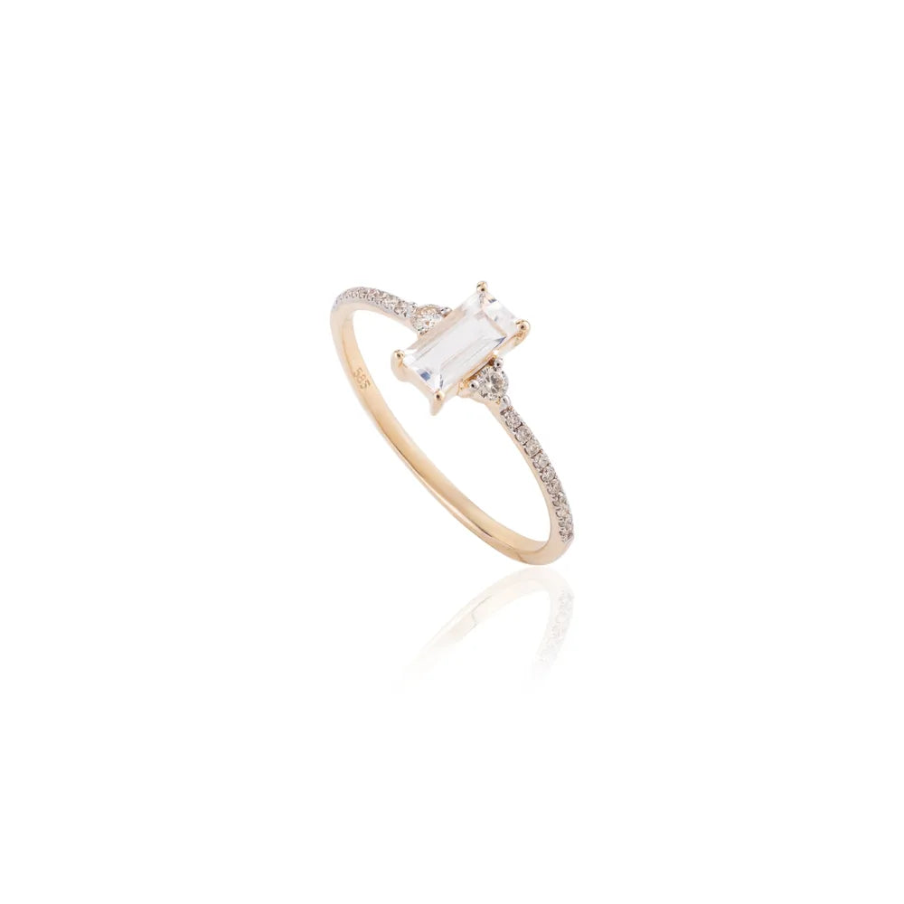 14K Yellow Gold Rainbow Moonstone & Diamond Minimal Ring