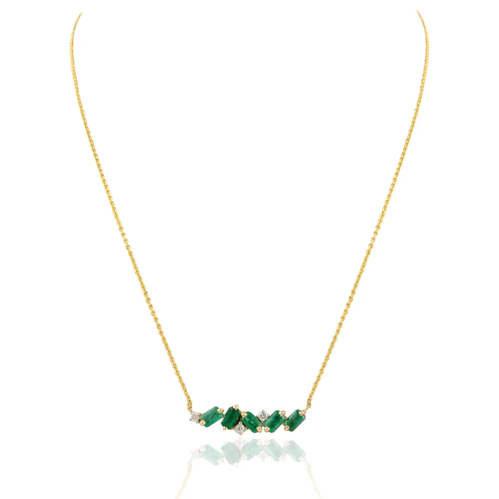 Fashionable Jewelry Natural Emerald & Diamond 14K Yellow Gold Long Chain Bar Necklace