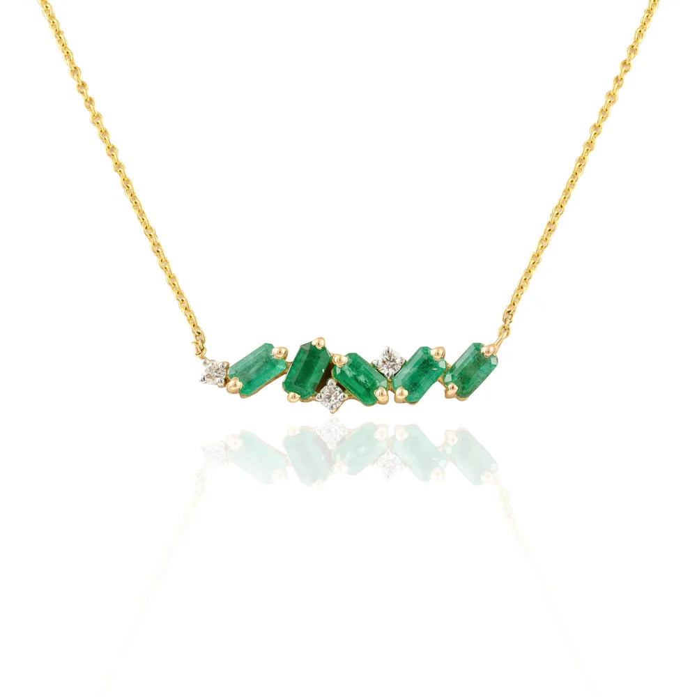 Fashionable Jewelry Natural Emerald & Diamond 14K Yellow Gold Long Chain Bar Necklace