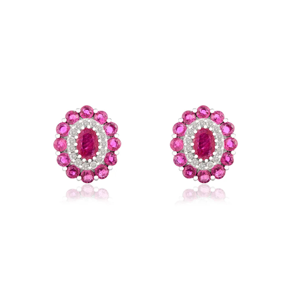 100% Authentic July Birthstone White Gold Ruby & Diamond Cluster Stud Earrings