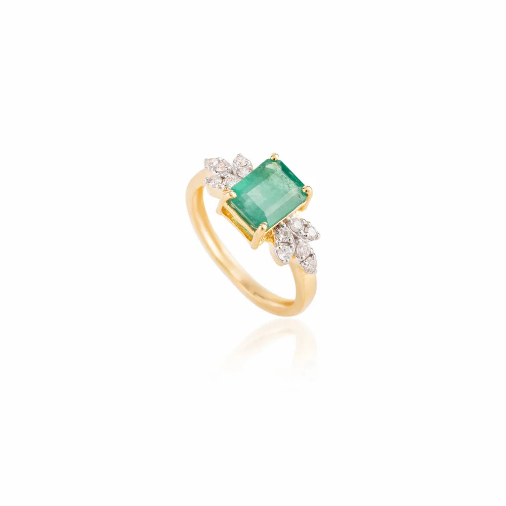 Genuine Emerald & Diamond 14K Solid Yellow Gold Authentic Ring