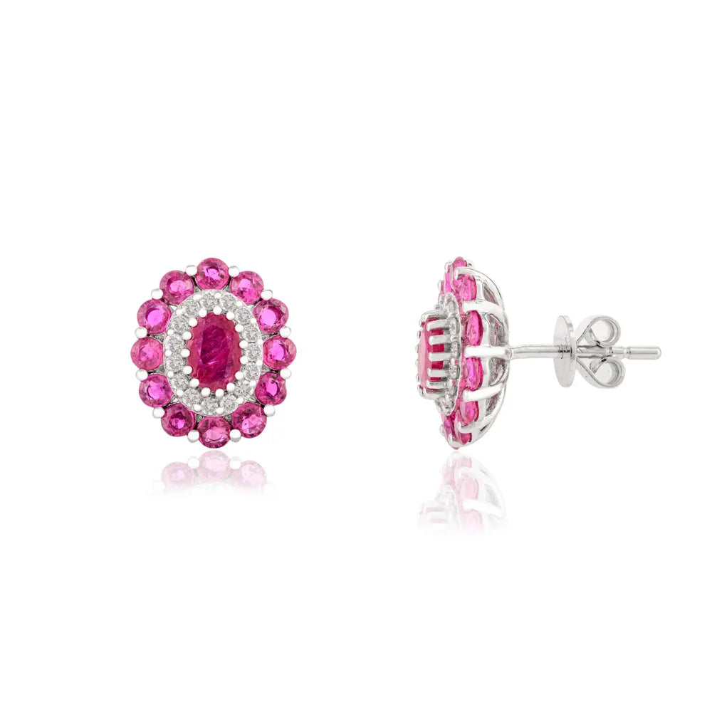 100% Authentic July Birthstone White Gold Ruby & Diamond Cluster Stud Earrings