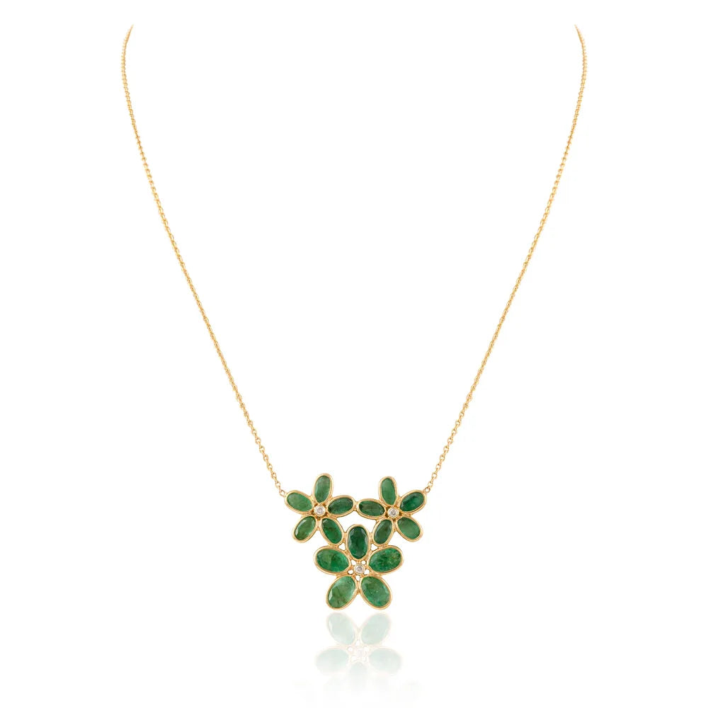 Natural Emerald & Diamond 18K Solid Yellow Gold Flower Design Necklace