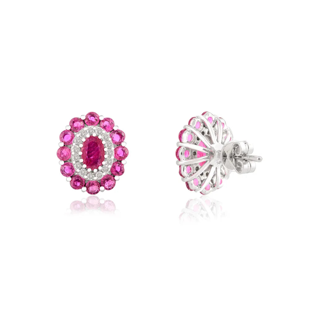 100% Authentic July Birthstone White Gold Ruby & Diamond Cluster Stud Earrings