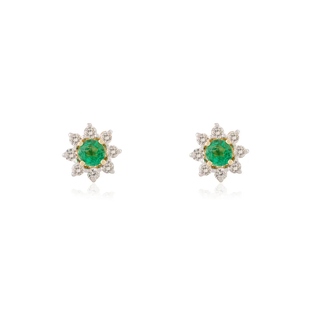 K14 Solid Yellow Gold Emerald & Diamond Flower Stud Earrings Minimal Jewelry