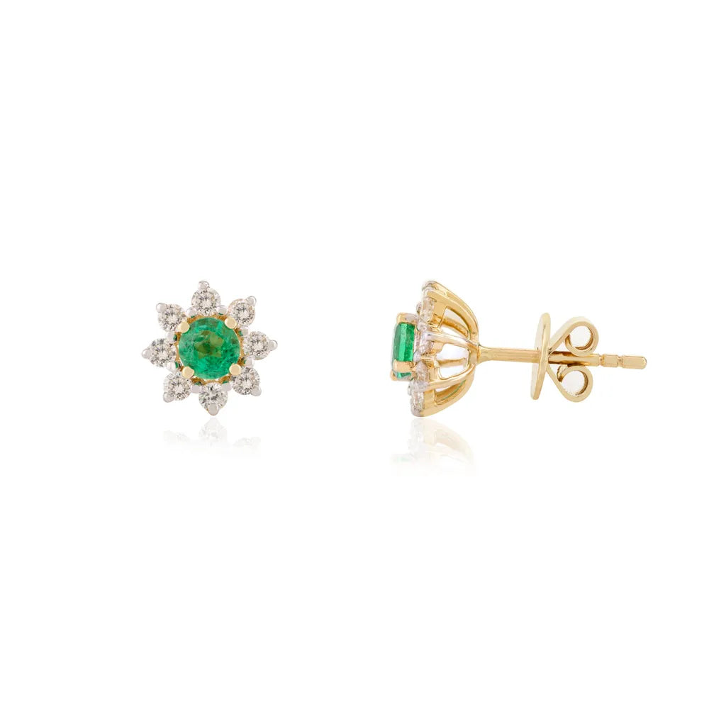 K14 Solid Yellow Gold Emerald & Diamond Flower Stud Earrings Minimal Jewelry