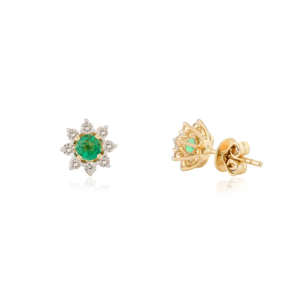 K14 Solid Yellow Gold Emerald & Diamond Flower Stud Earrings Minimal Jewelry