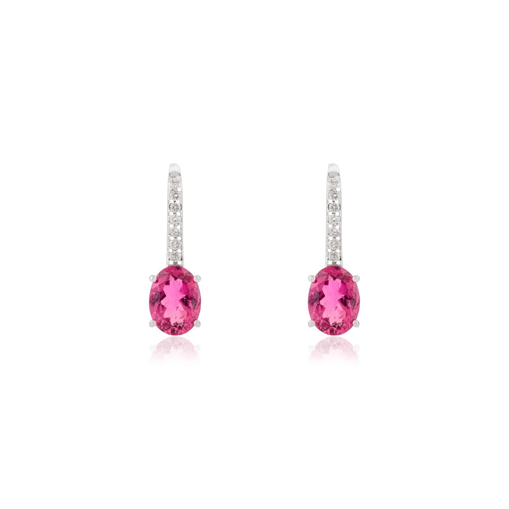 Semi Precious Gemstone Rubellite & Diamond Solid K14 White Gold Earrings