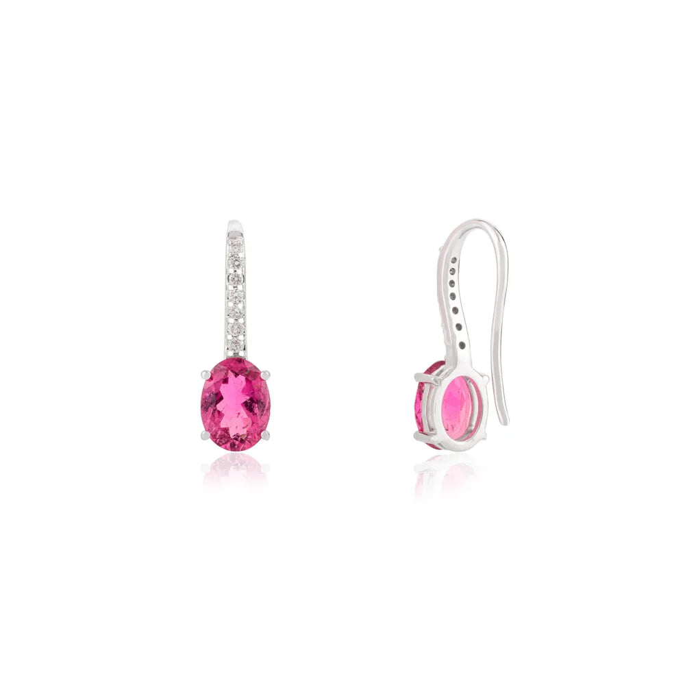 Semi Precious Gemstone Rubellite & Diamond Solid K14 White Gold Earrings