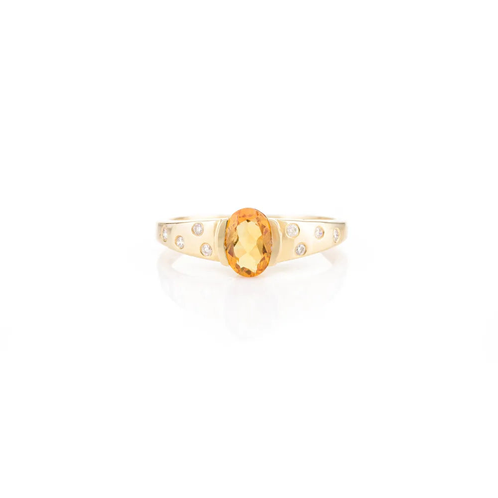 Genuine Citrine & Diamond 14K Solid Yellow Gold November Birthstone Ring