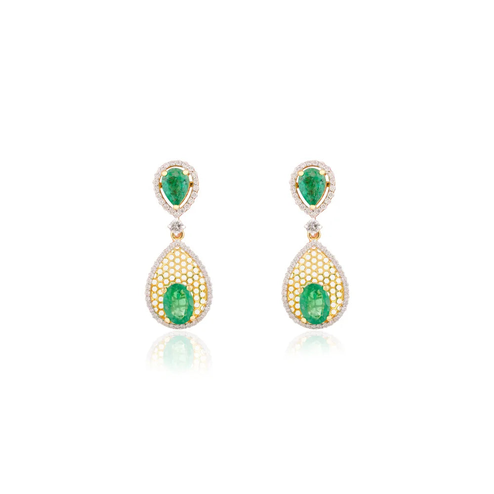 Handmade Jewelry Natural Emerald & Diamond Solid 14K Yellow Gold Drop Earrings