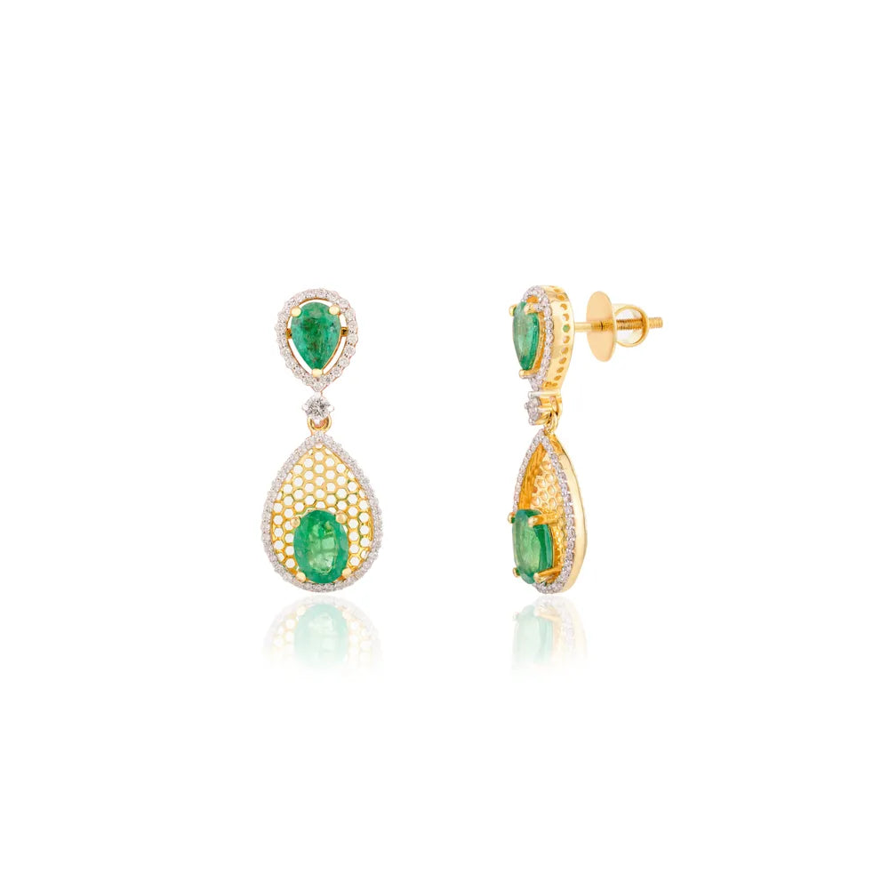 Handmade Jewelry Natural Emerald & Diamond Solid 14K Yellow Gold Drop Earrings