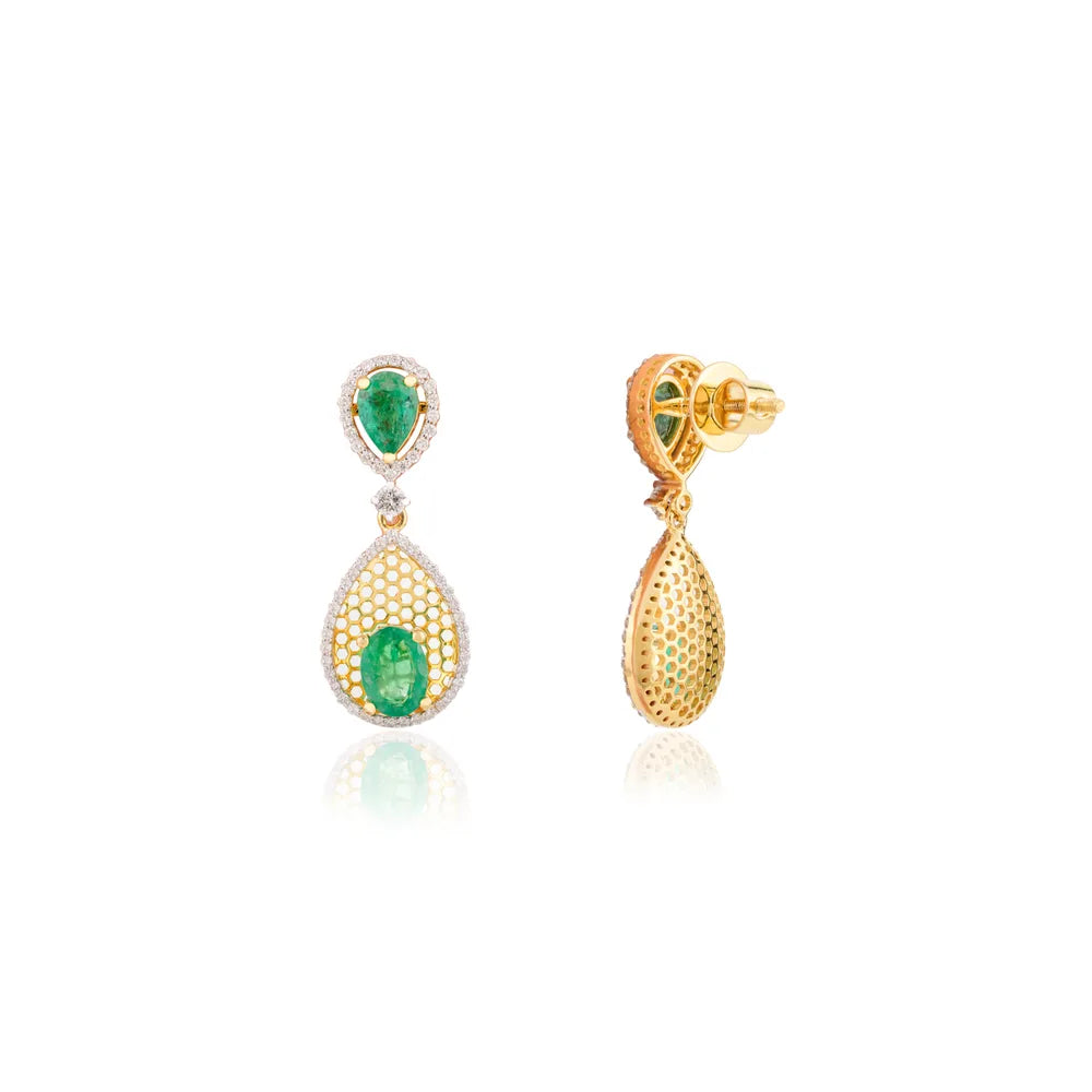 Handmade Jewelry Natural Emerald & Diamond Solid 14K Yellow Gold Drop Earrings