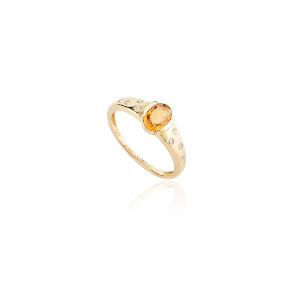 Genuine Citrine & Diamond 14K Solid Yellow Gold November Birthstone Ring