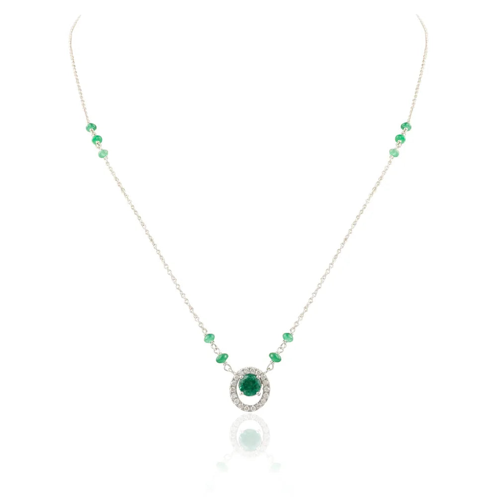 Minimal Jewelry Natural Emerald & Diamond 18K Solid White Gold Long Chain Necklace