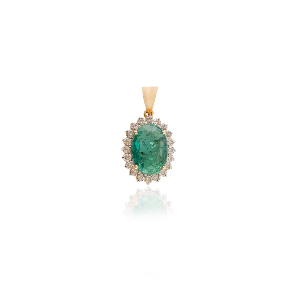 Natural Oval Cut Emerald & Round Diamond 14K Yellow Gold Pendant