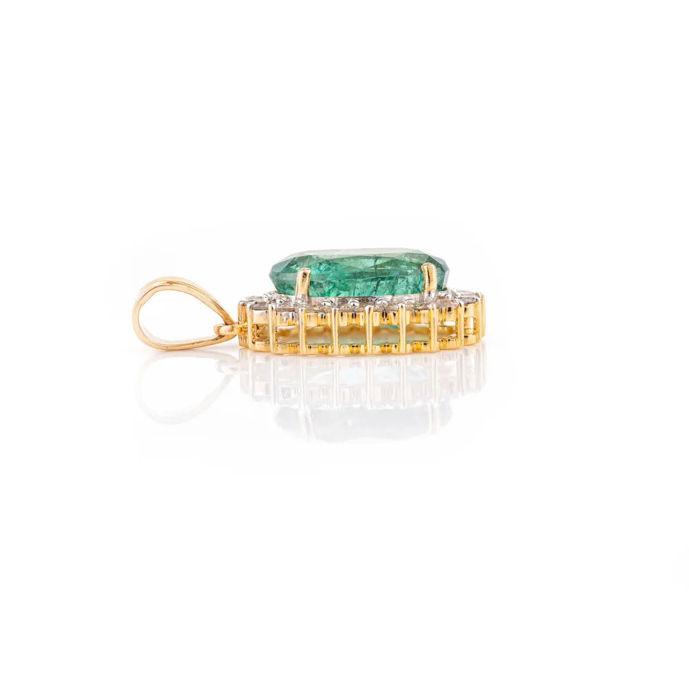 Natural Oval Cut Emerald & Round Diamond 14K Yellow Gold Pendant