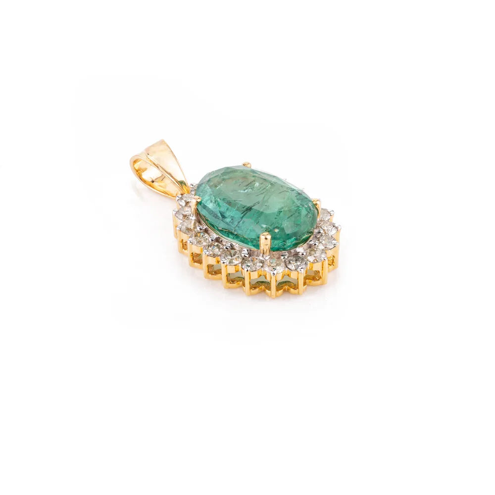 Natural Oval Cut Emerald & Round Diamond 14K Yellow Gold Pendant