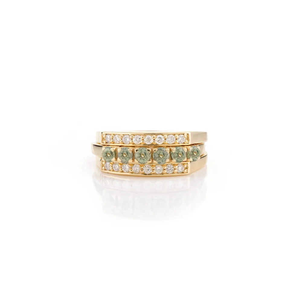 Green Sapphire & Diamond Round Cut Gemstone 14K Solid Yellow Gold Ring