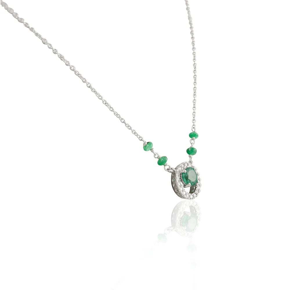 Minimal Jewelry Natural Emerald & Diamond 18K Solid White Gold Long Chain Necklace