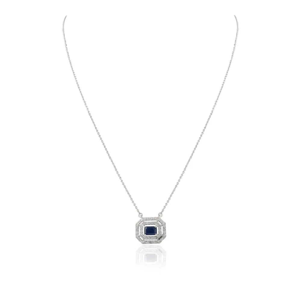 Fashionable Jewelry Natural Blue Sapphire & Diamond 14K Solid White Gold Minimal Necklace