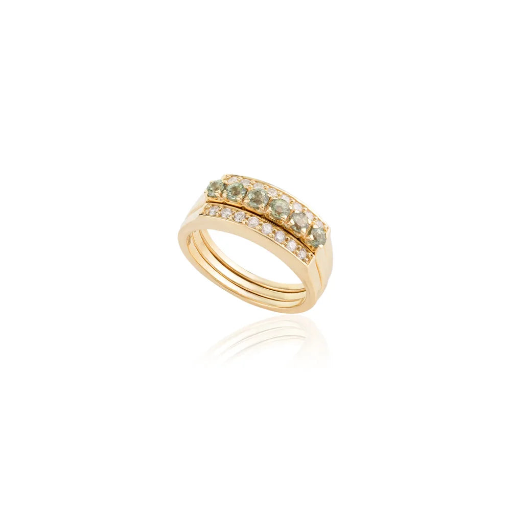 Green Sapphire & Diamond Round Cut Gemstone 14K Solid Yellow Gold Ring