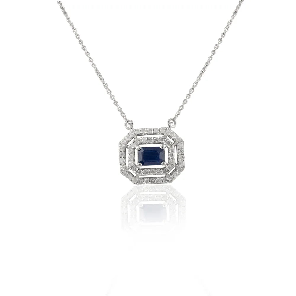 Fashionable Jewelry Natural Blue Sapphire & Diamond 14K Solid White Gold Minimal Necklace