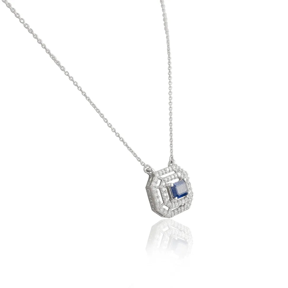 Fashionable Jewelry Natural Blue Sapphire & Diamond 14K Solid White Gold Minimal Necklace