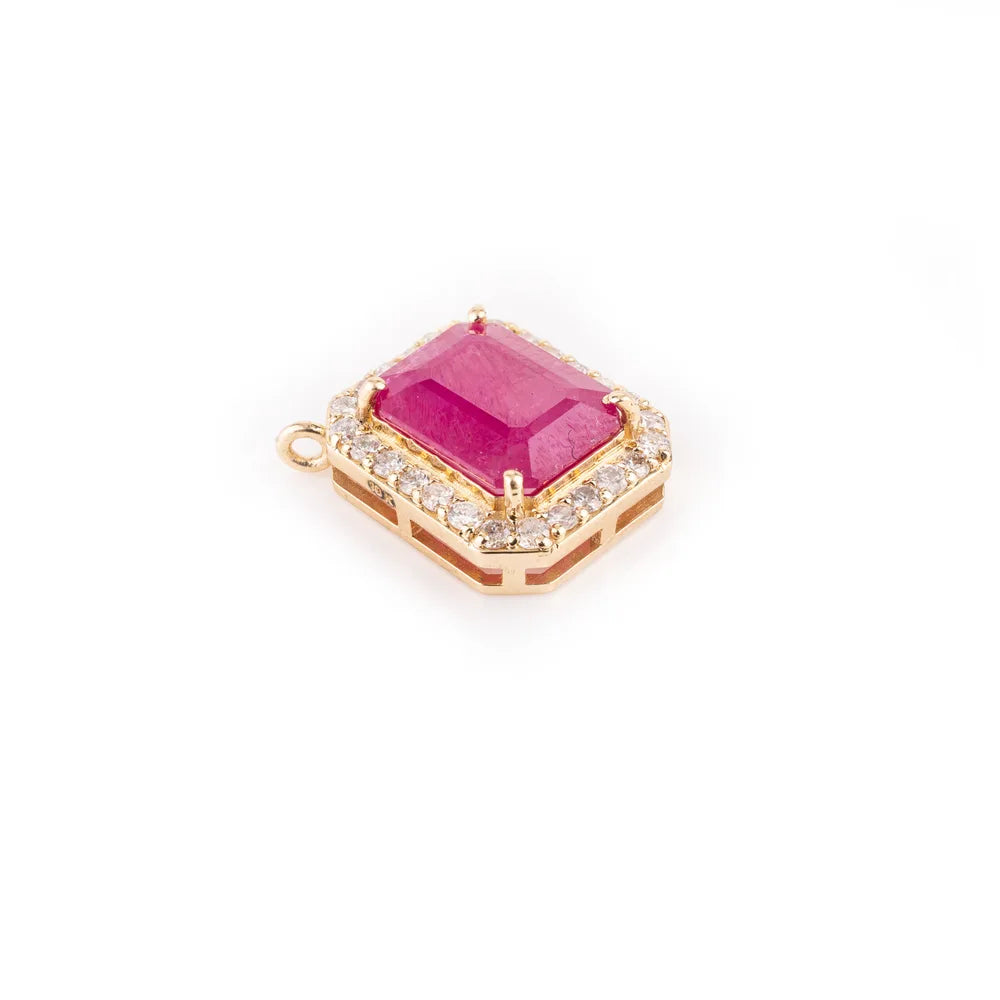 Birthstone Jewelry Octagon Ruby & Round Diamond 18K Yellow Gold Pendant