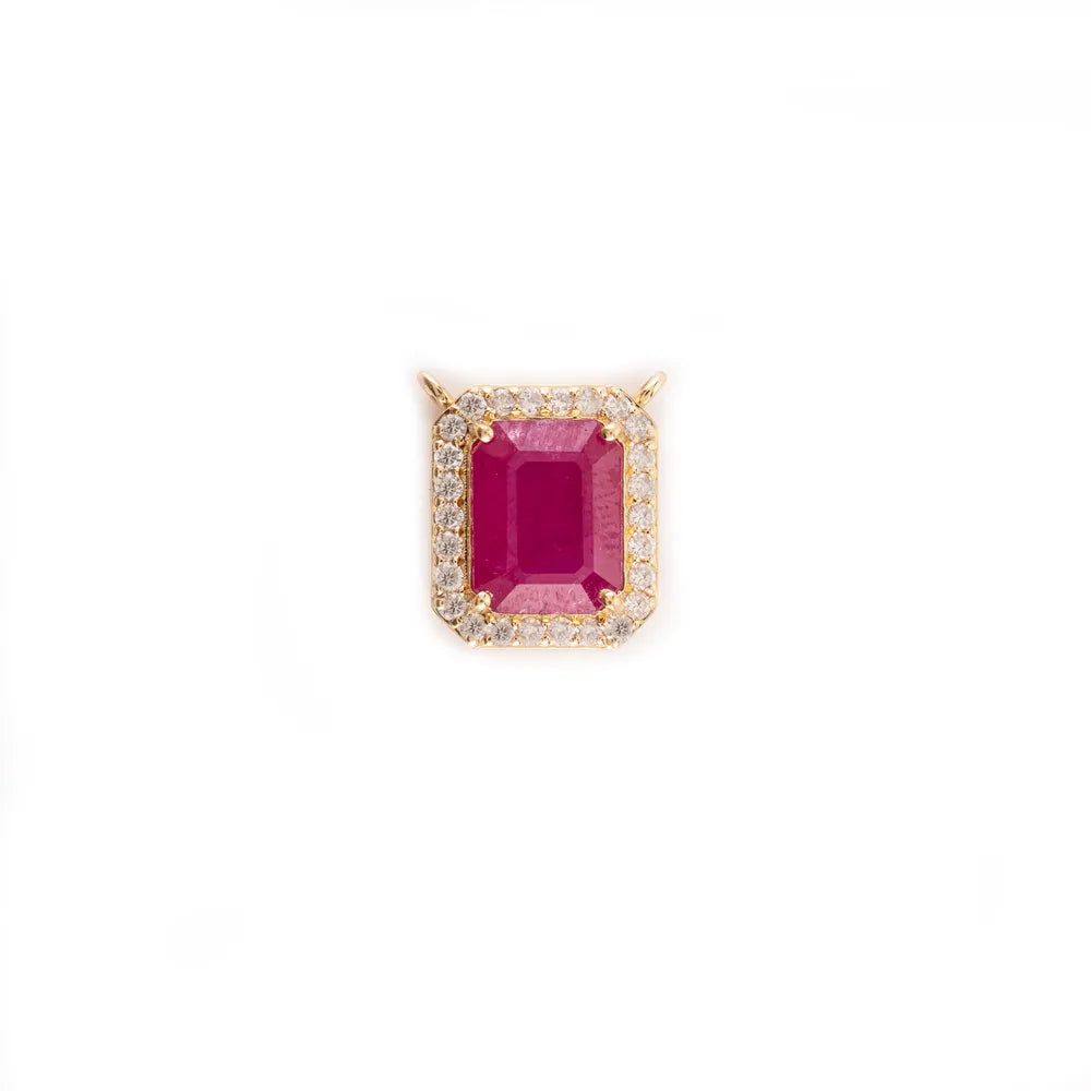 Birthstone Jewelry Octagon Ruby & Round Diamond 18K Yellow Gold Pendant