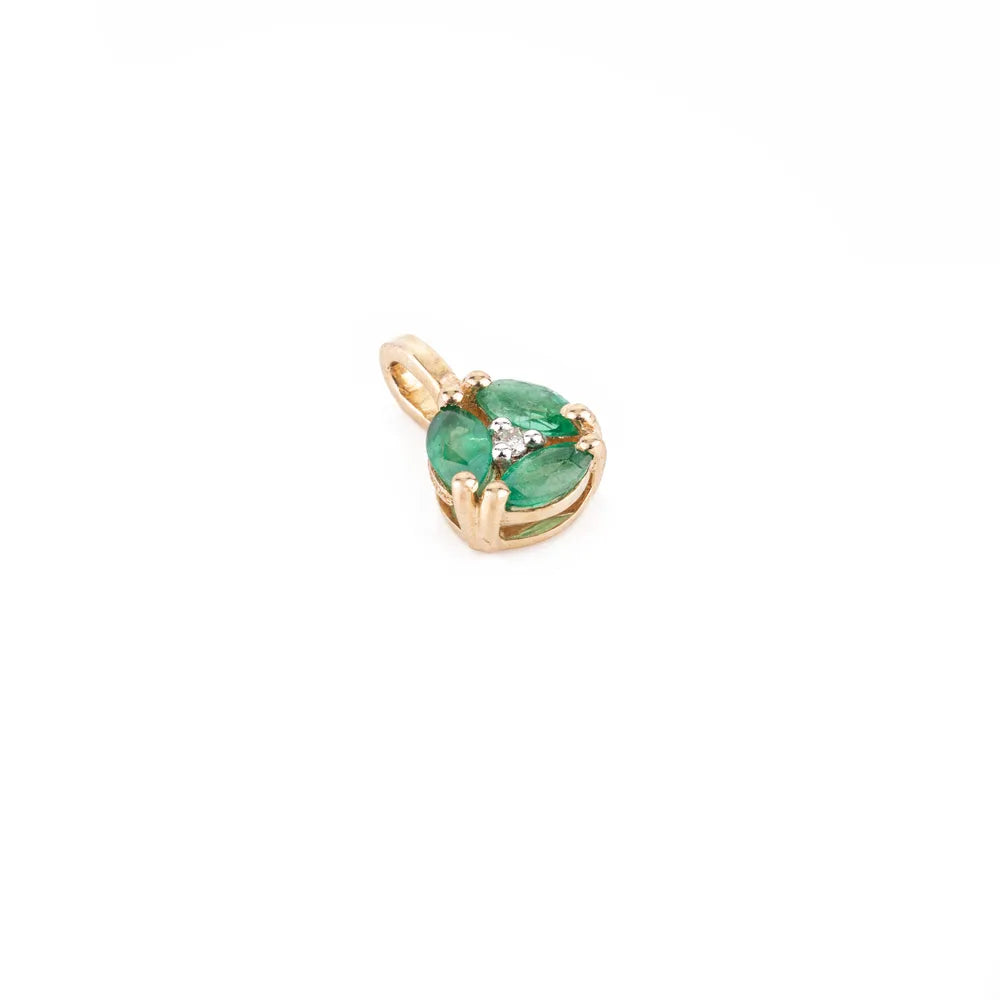 Marquise Shape Emerald & Round Diamond 14K Yellow Gold Pendant