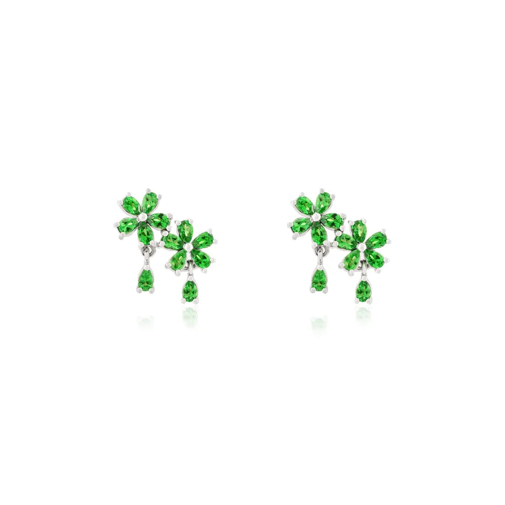 Designer Jewelry 14K Solid White Gold Tsavorite Double Flower Earrings