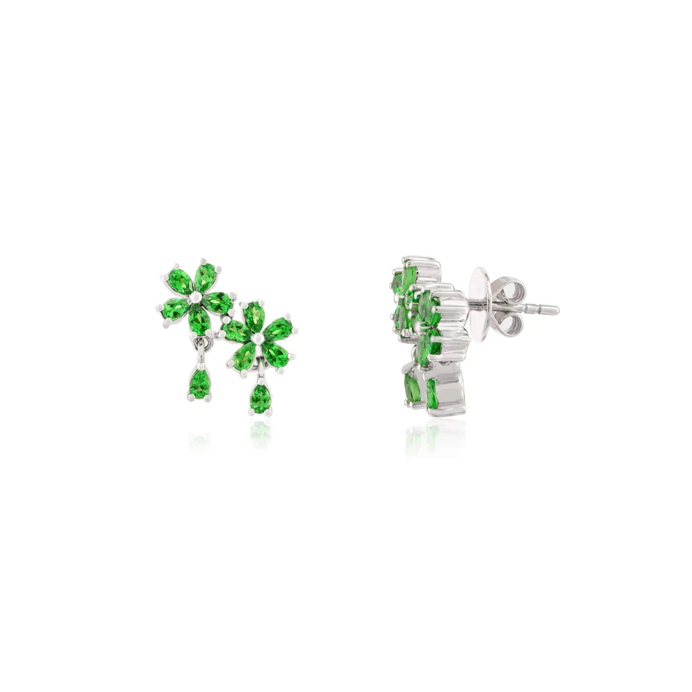 Designer Jewelry 14K Solid White Gold Tsavorite Double Flower Earrings