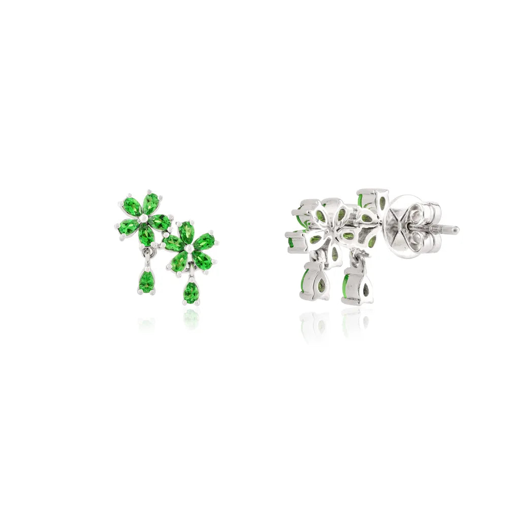 Designer Jewelry 14K Solid White Gold Tsavorite Double Flower Earrings