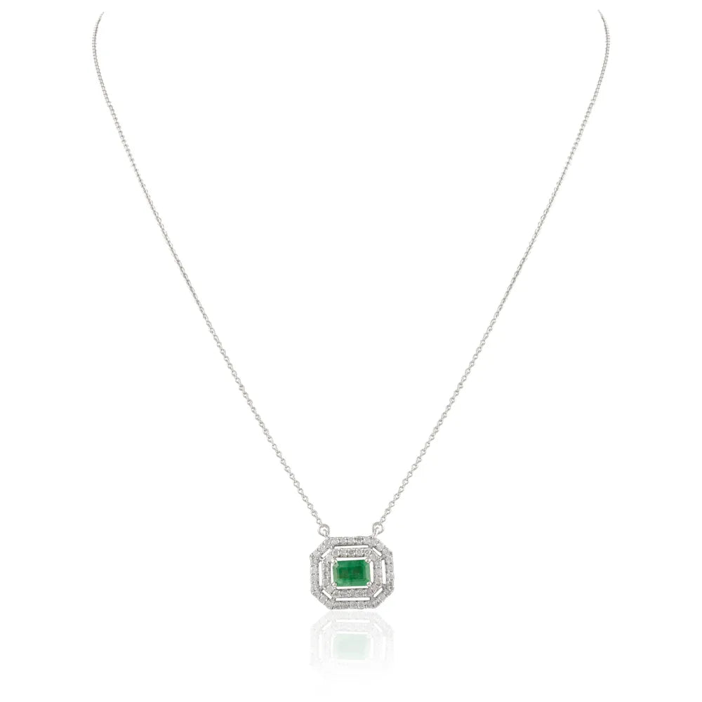 Luxury Jewelry Natural Rectangle Emerald & Diamond 14K Solid White Gold Necklace