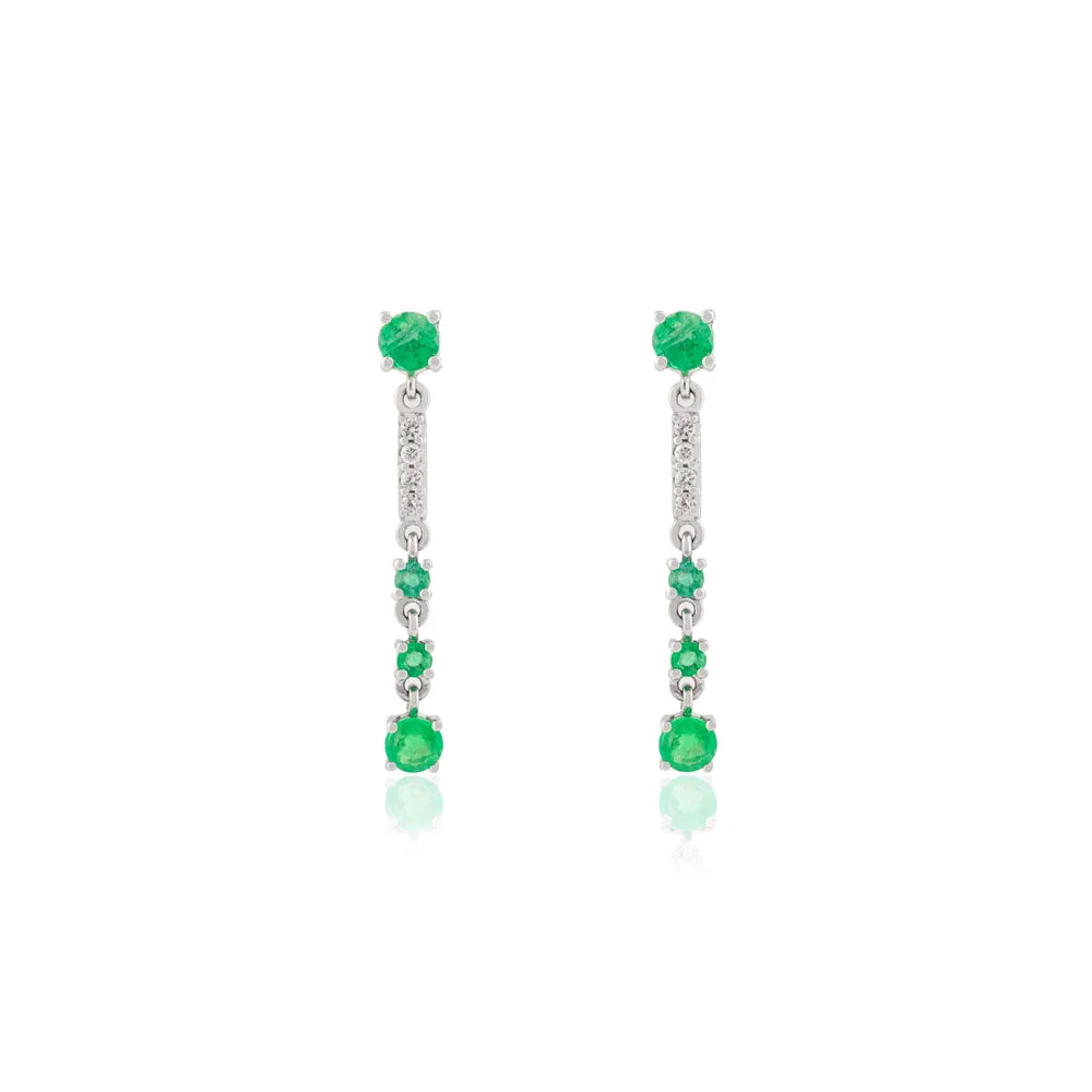 Fine Jewelry K14 Solid White Gold Emerald & Diamond Long Dangle Earrings