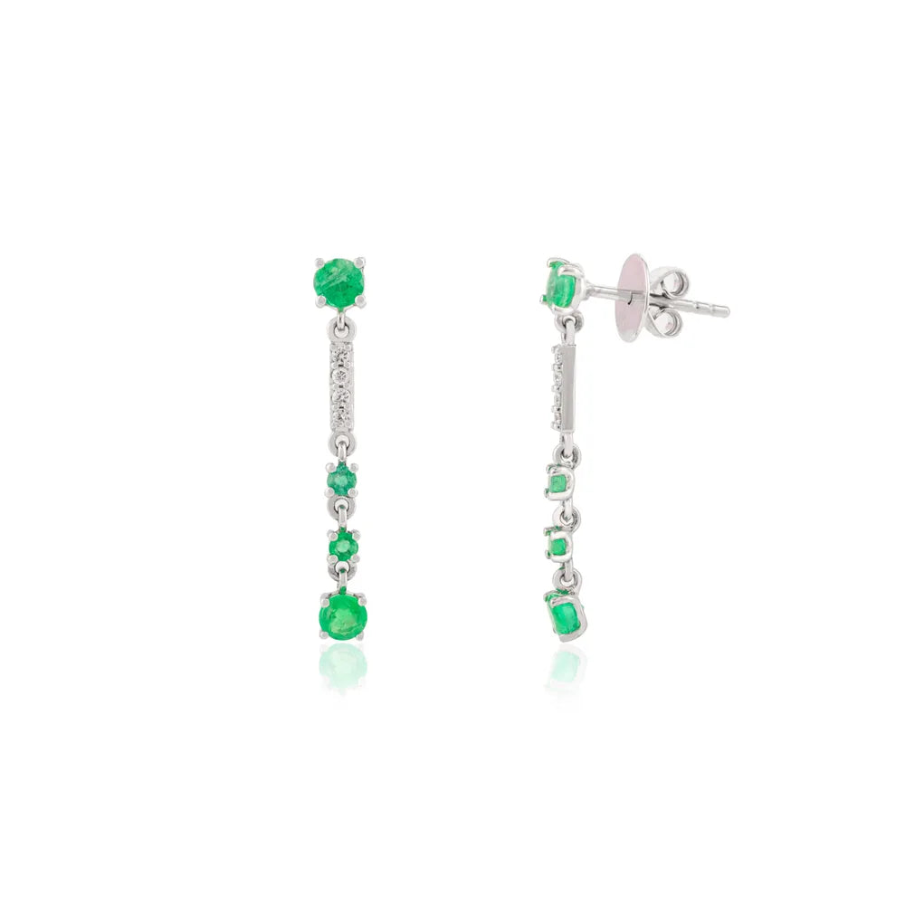 Fine Jewelry K14 Solid White Gold Emerald & Diamond Long Dangle Earrings