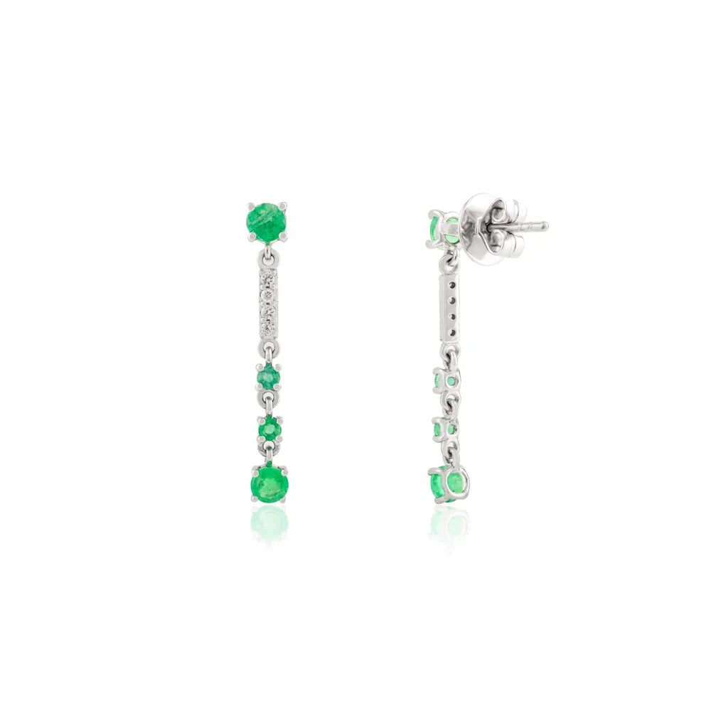 Fine Jewelry K14 Solid White Gold Emerald & Diamond Long Dangle Earrings