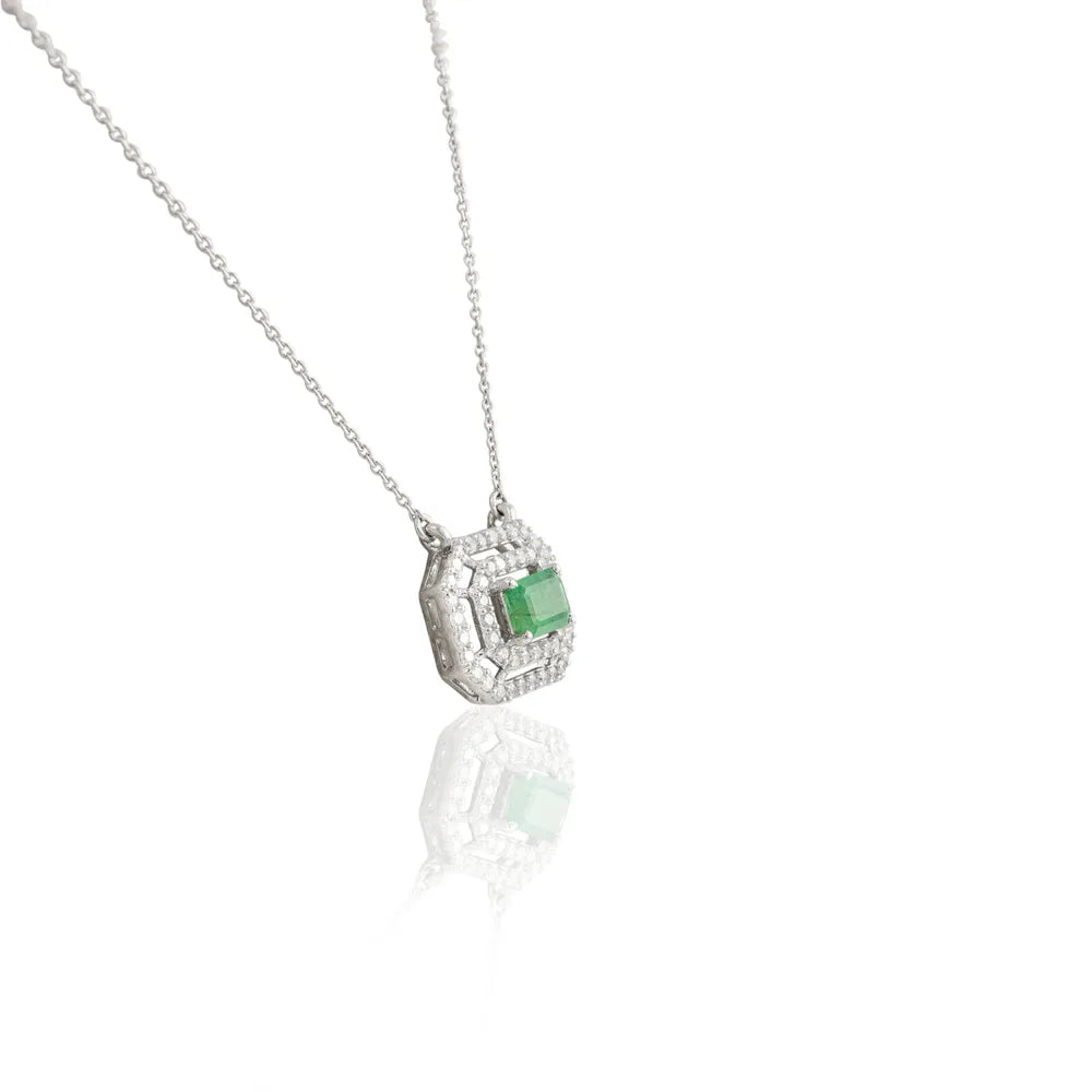 Luxury Jewelry Natural Rectangle Emerald & Diamond 14K Solid White Gold Necklace