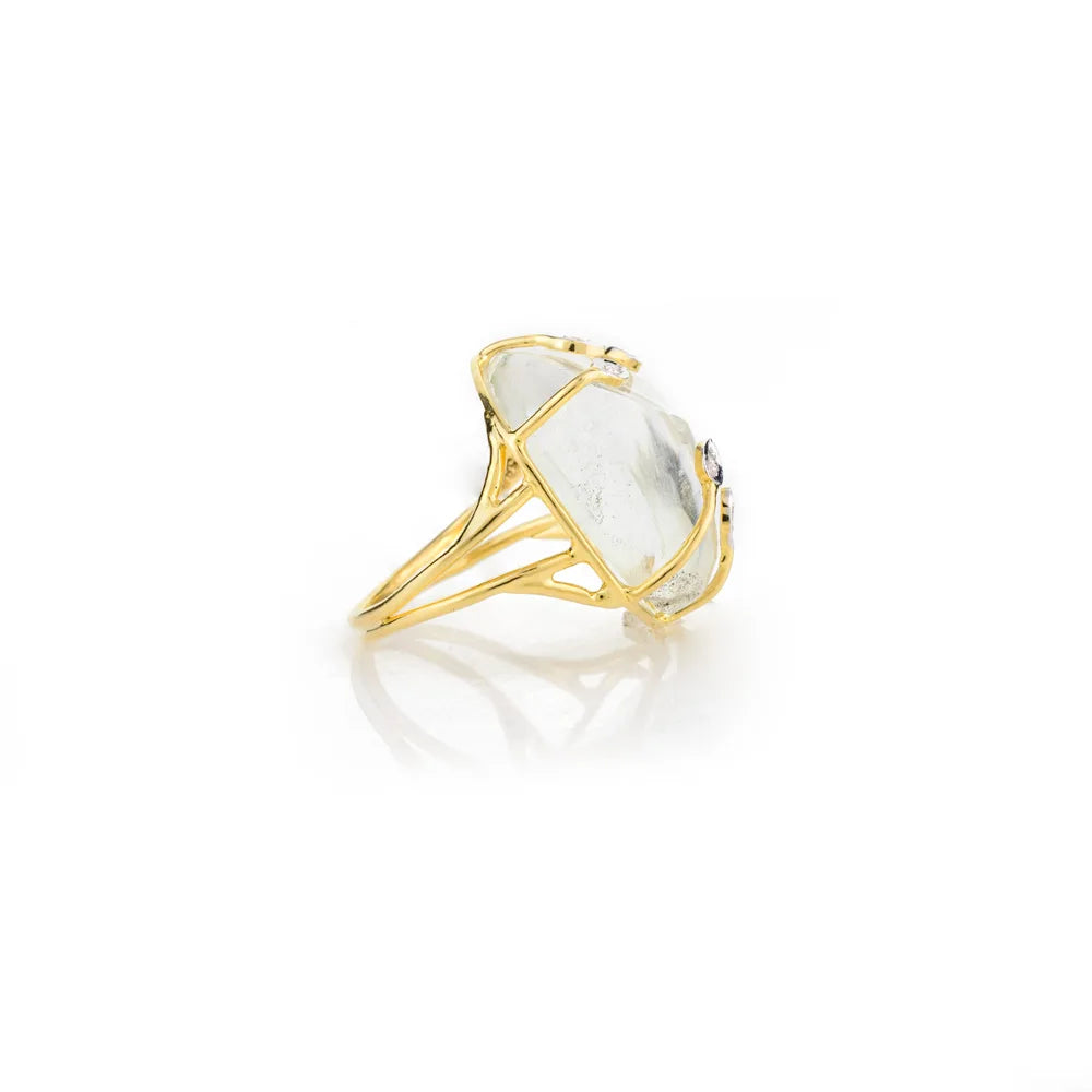 Crystal & Diamond Ring 14k Yellow Gold Raw Gemstone Jewelry