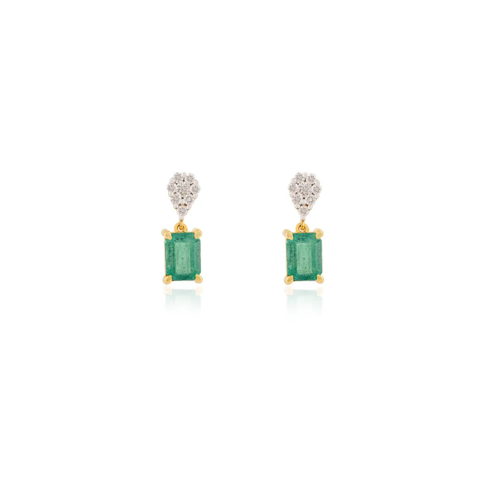 Authentic Octagon Emerald & Round Diamond Solid K14 Yellow Gold Earrings