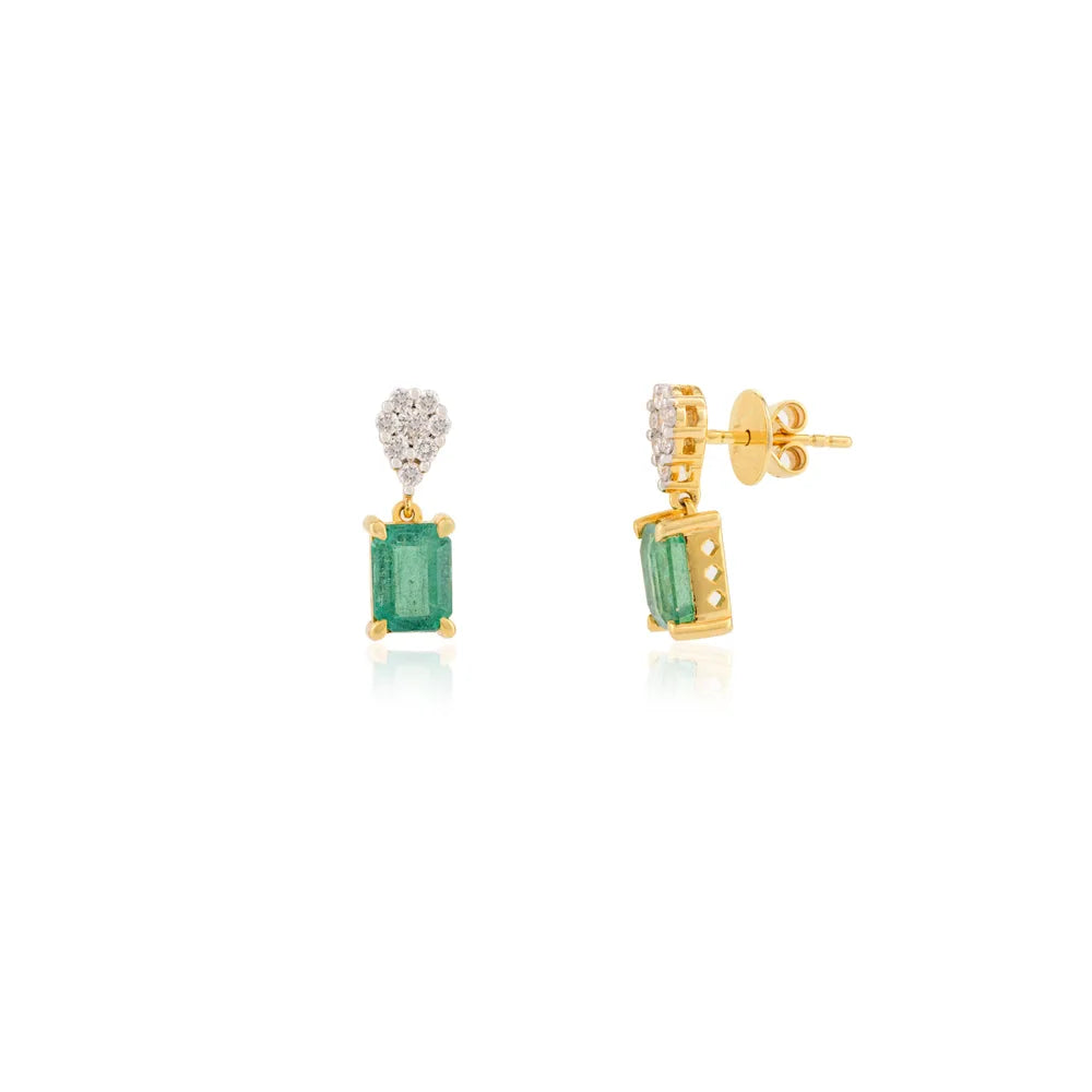 Authentic Octagon Emerald & Round Diamond Solid K14 Yellow Gold Earrings