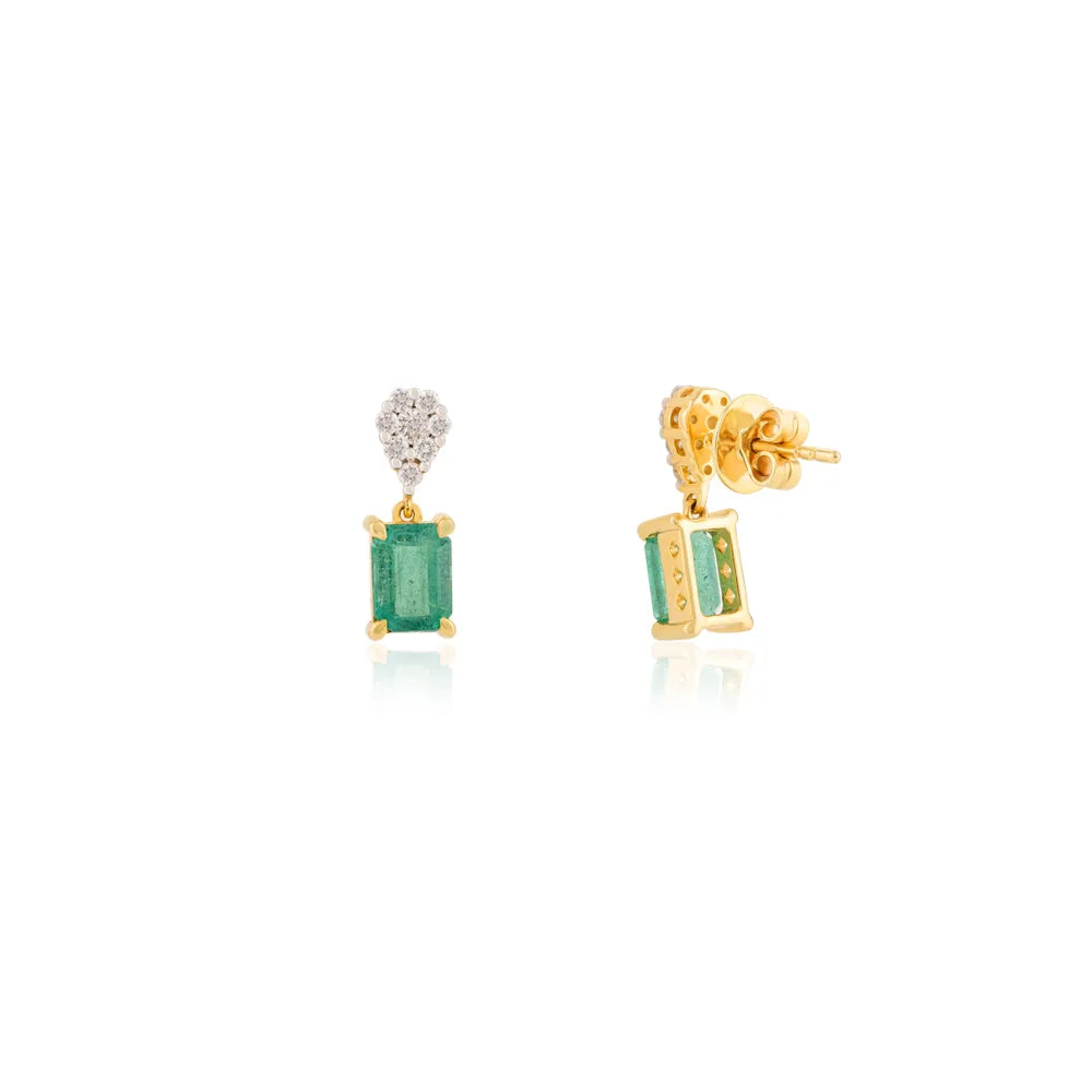 Authentic Octagon Emerald & Round Diamond Solid K14 Yellow Gold Earrings