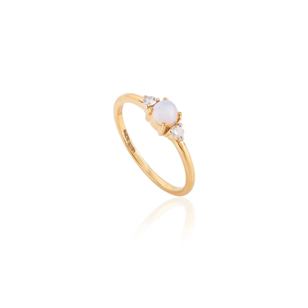 Round Cut Ethiopian Opal & Diamond 18K Solid Yellow Gold Minimal Ring