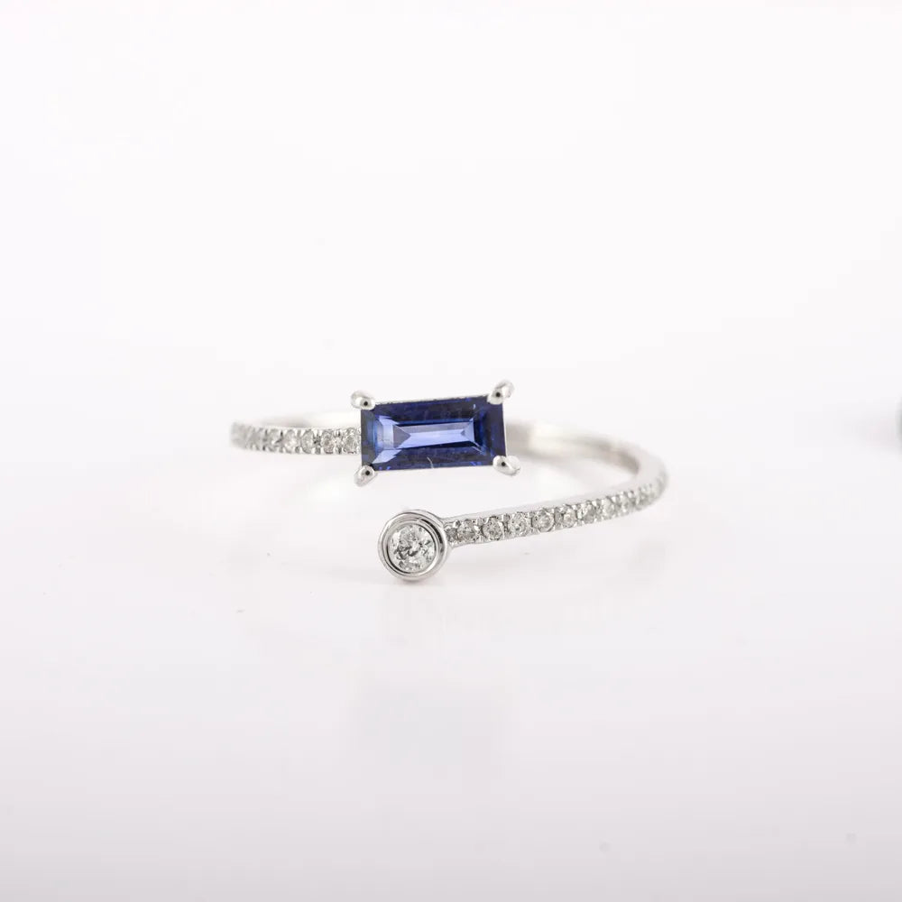 Natural Precious Gemstone Blue Sapphire & Diamond 14K Solid White Gold Open Band Ring