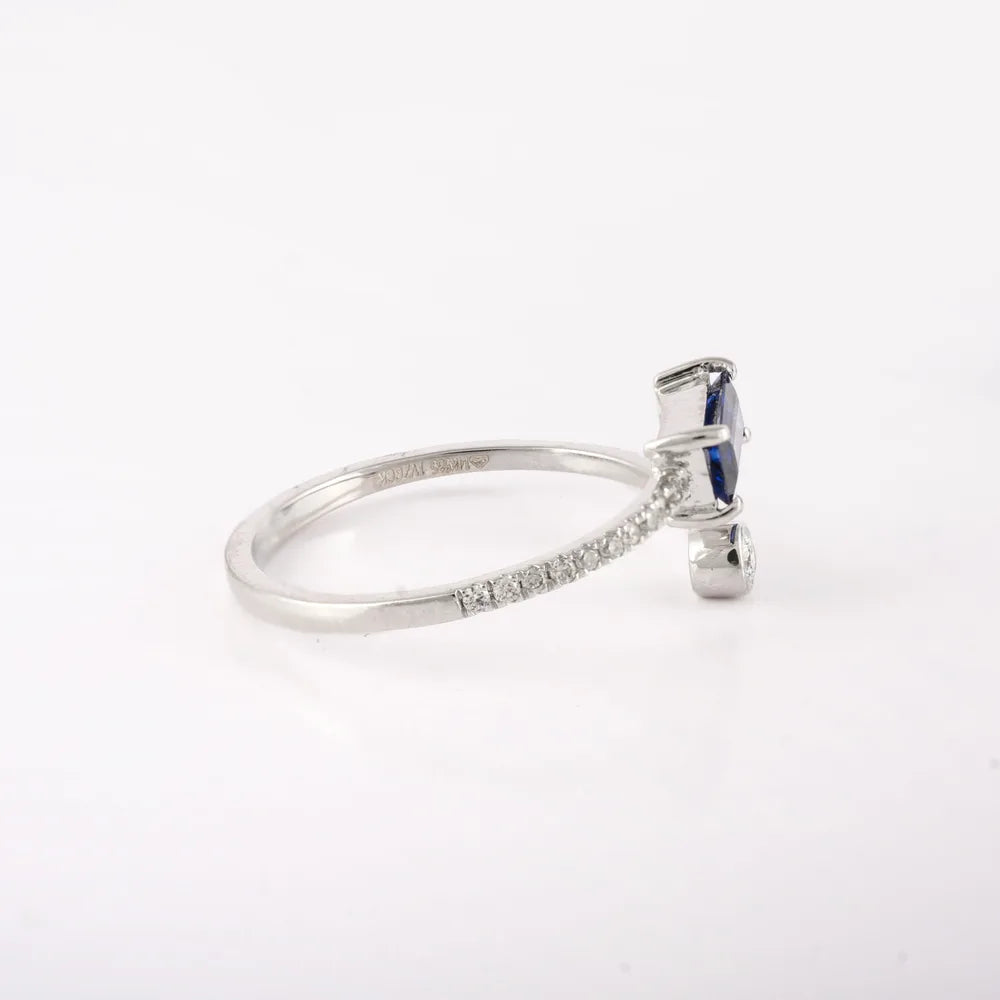 Natural Precious Gemstone Blue Sapphire & Diamond 14K Solid White Gold Open Band Ring