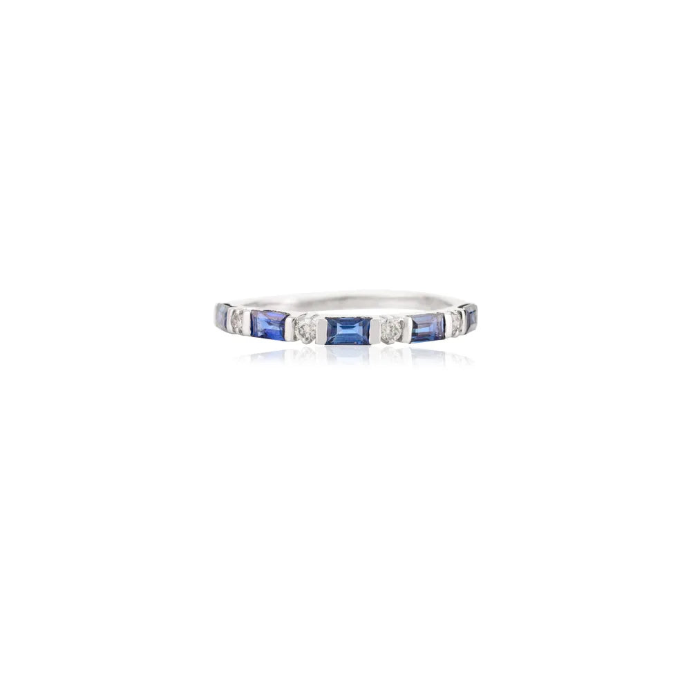 100% Natural Blue Sapphire & Diamond Solid White Gold Half Eternity Band Ring