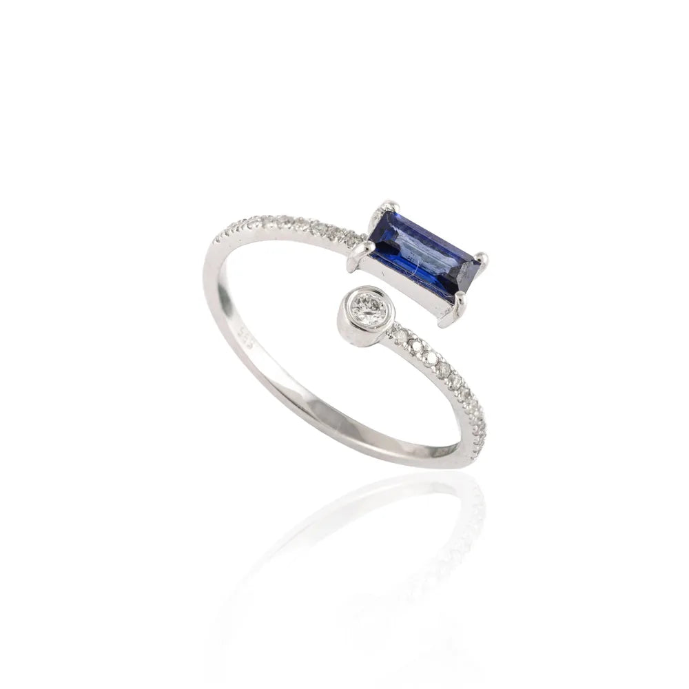 Natural Precious Gemstone Blue Sapphire & Diamond 14K Solid White Gold Open Band Ring